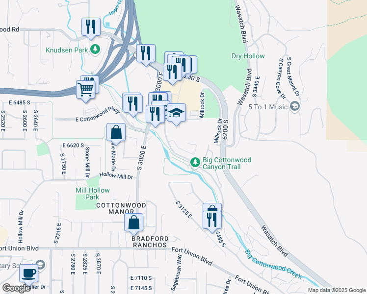 map of restaurants, bars, coffee shops, grocery stores, and more near 3173 Old Mill Circle in Salt Lake City
