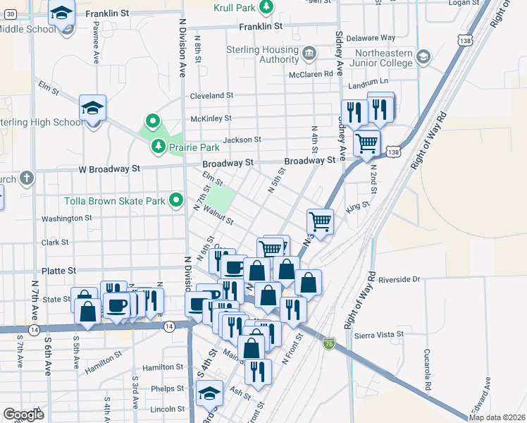 map of restaurants, bars, coffee shops, grocery stores, and more near 513 North 5th Street in Sterling