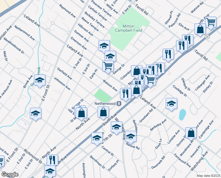 map of restaurants, bars, coffee shops, grocery stores, and more near 332-34 Watson Avenue in Plainfield