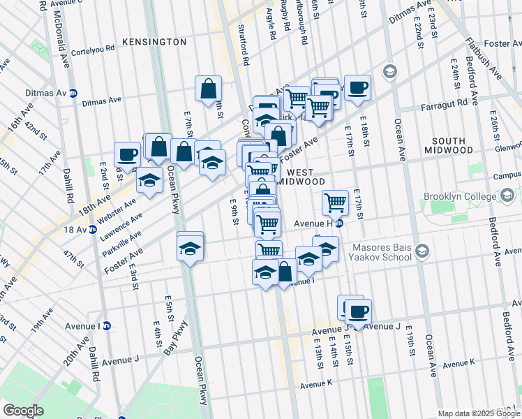 map of restaurants, bars, coffee shops, grocery stores, and more near 1106 Coney Island Avenue in Brooklyn
