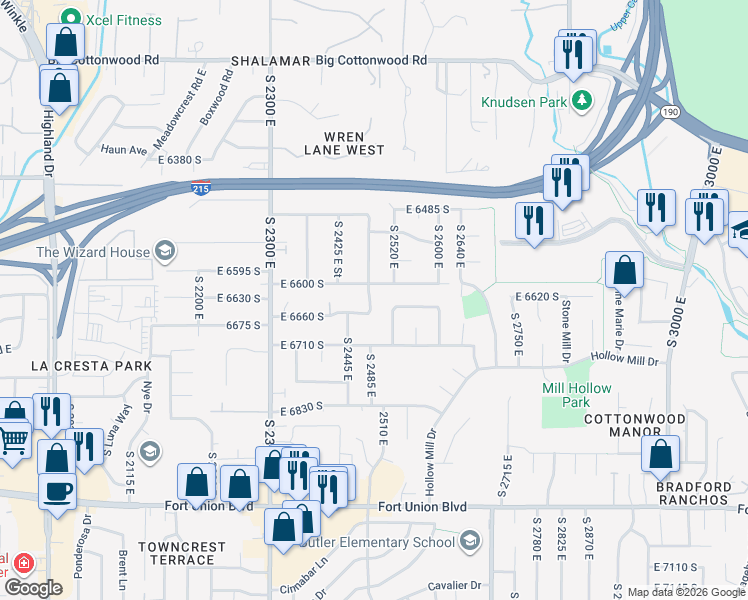 map of restaurants, bars, coffee shops, grocery stores, and more near 6639 South Guntherwoods Lane in Cottonwood Heights