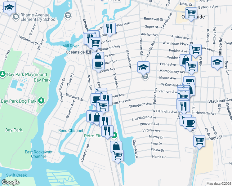 map of restaurants, bars, coffee shops, grocery stores, and more near 374 Vermont Avenue in Oceanside
