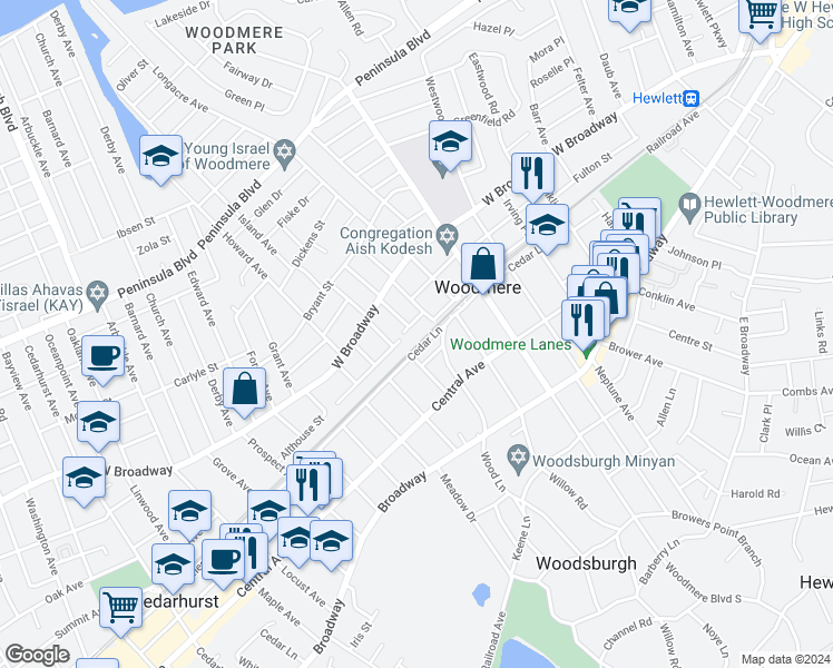 map of restaurants, bars, coffee shops, grocery stores, and more near 842 Milton Place in Woodmere