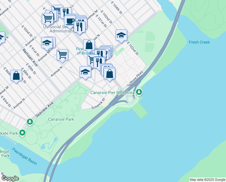 map of restaurants, bars, coffee shops, grocery stores, and more near 5905 Shore Parkway in Brooklyn
