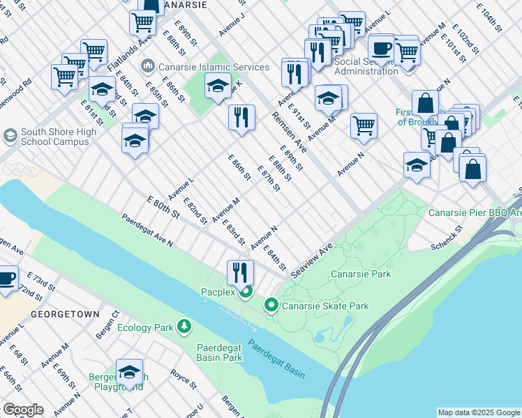 map of restaurants, bars, coffee shops, grocery stores, and more near 1364 East 86th Street in Brooklyn
