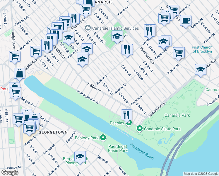 map of restaurants, bars, coffee shops, grocery stores, and more near 1257 East 82nd Street in Brooklyn