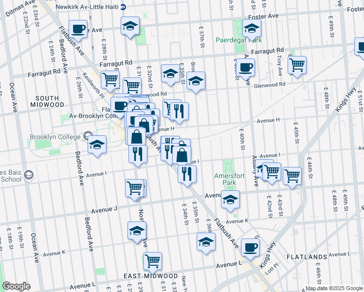 map of restaurants, bars, coffee shops, grocery stores, and more near 989 East 35th Street in Brooklyn