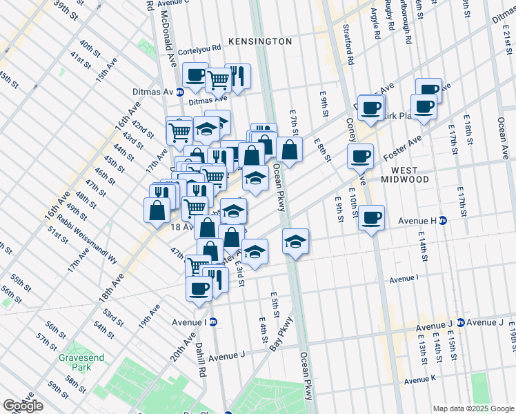 map of restaurants, bars, coffee shops, grocery stores, and more near 175 Lawrence Avenue in Brooklyn