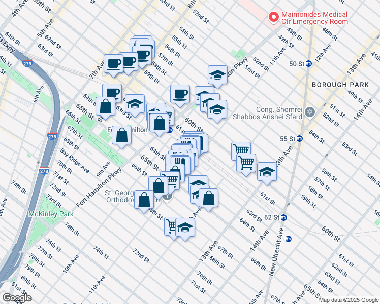 map of restaurants, bars, coffee shops, grocery stores, and more near 1047 63rd Street in Brooklyn