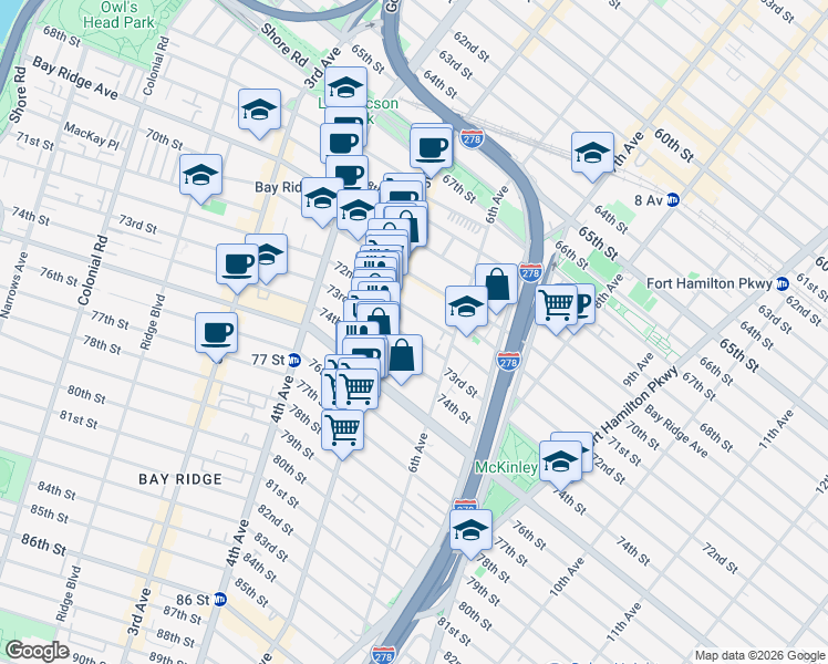 map of restaurants, bars, coffee shops, grocery stores, and more near 553 73rd Street in Brooklyn
