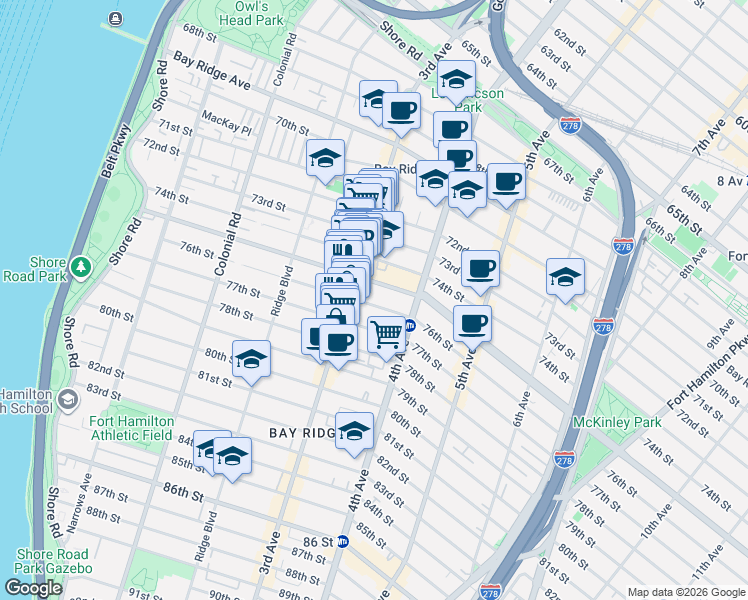 map of restaurants, bars, coffee shops, grocery stores, and more near 347 76th Street in Brooklyn