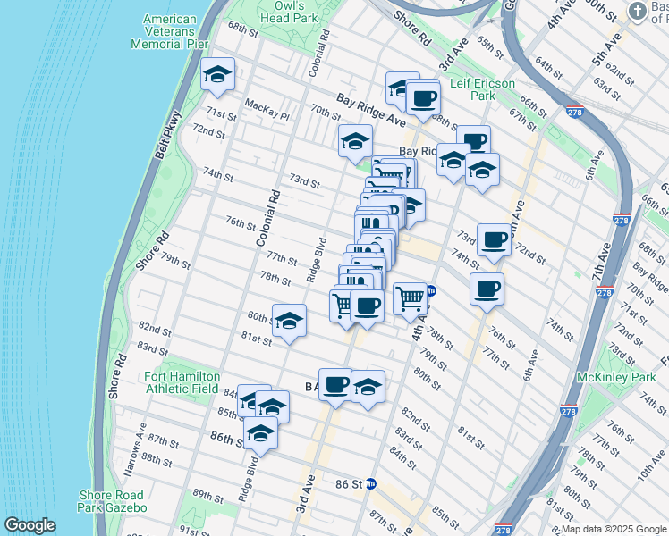 map of restaurants, bars, coffee shops, grocery stores, and more near 249 77th Street in Brooklyn