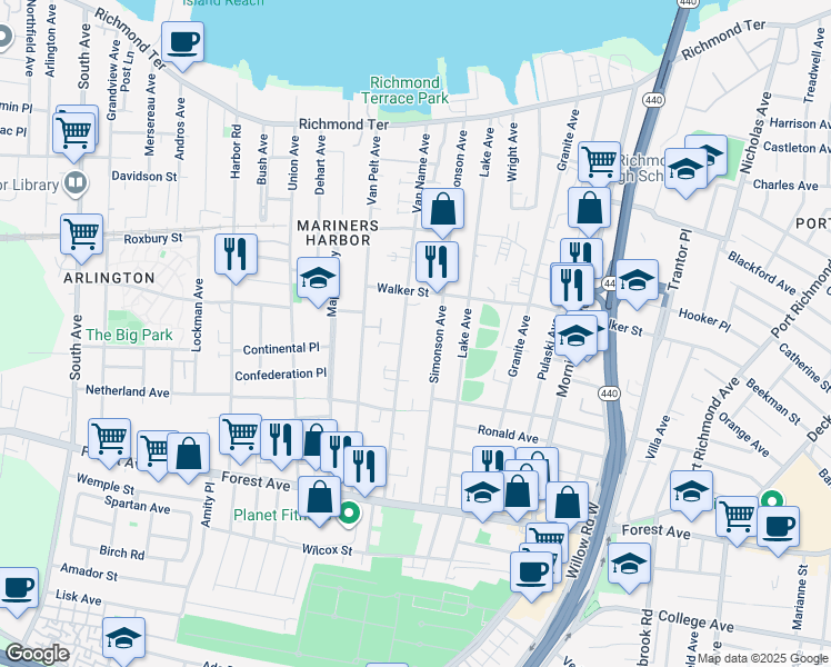 map of restaurants, bars, coffee shops, grocery stores, and more near 228 Van Name Avenue in Staten Island