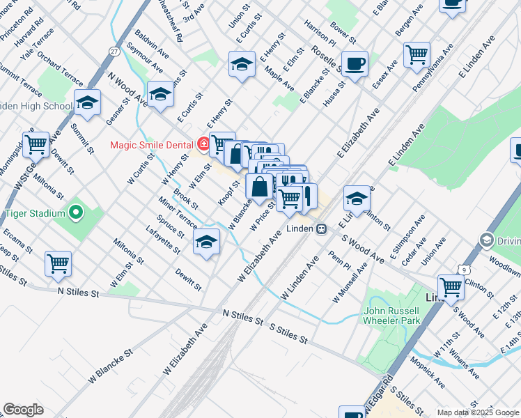 map of restaurants, bars, coffee shops, grocery stores, and more near 40 West Price Street in Linden