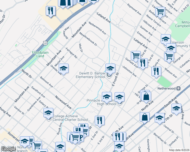 map of restaurants, bars, coffee shops, grocery stores, and more near 348 Manning Avenue in North Plainfield