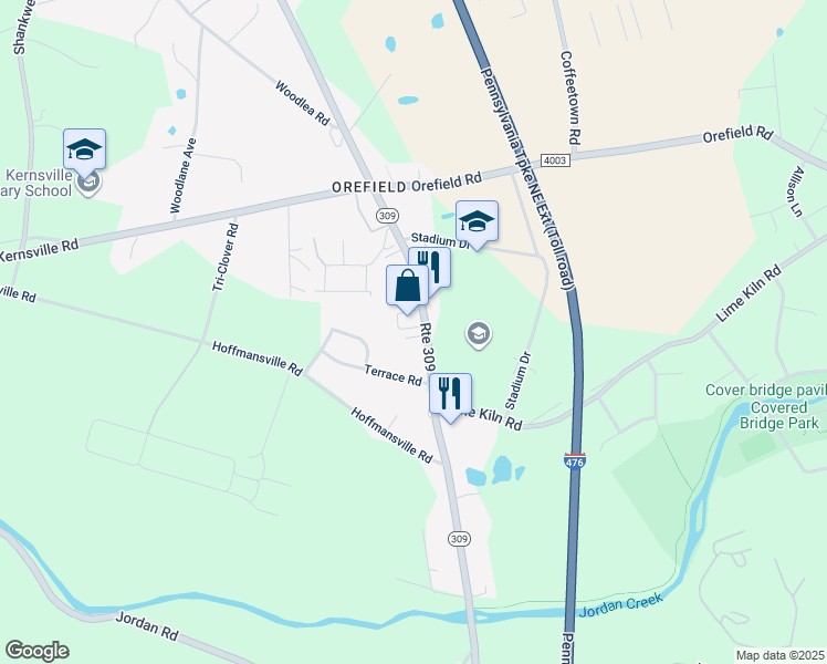map of restaurants, bars, coffee shops, grocery stores, and more near 2674 Pennsylvania 309 in Lehigh County