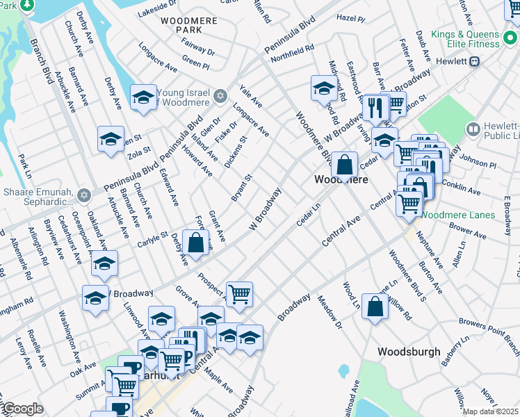map of restaurants, bars, coffee shops, grocery stores, and more near 814 Broadway in Woodmere