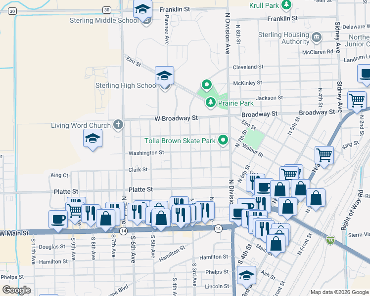 map of restaurants, bars, coffee shops, grocery stores, and more near 428 North 3rd Avenue in Sterling