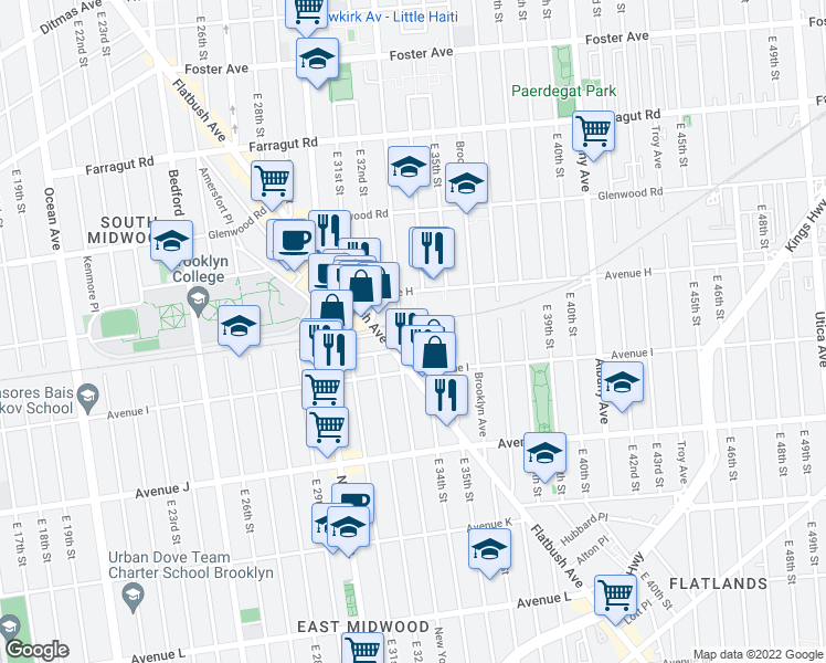 map of restaurants, bars, coffee shops, grocery stores, and more near 1655 Flatbush Avenue in Brooklyn