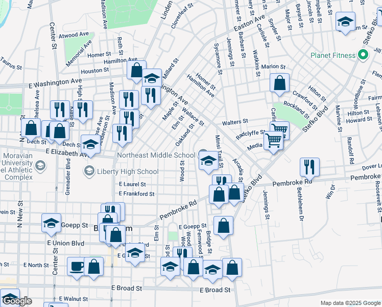 map of restaurants, bars, coffee shops, grocery stores, and more near 1402 Wood Street in Bethlehem
