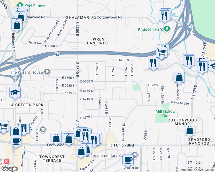 map of restaurants, bars, coffee shops, grocery stores, and more near 6639 South Guntherwoods Lane in Cottonwood Heights
