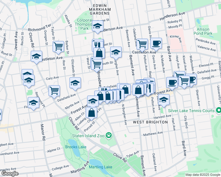 map of restaurants, bars, coffee shops, grocery stores, and more near 494 Delafield Avenue in Staten Island