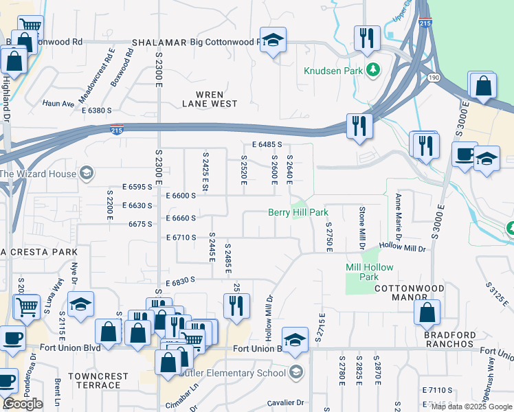 map of restaurants, bars, coffee shops, grocery stores, and more near 2559 Cupecoy Drive in Cottonwood Heights