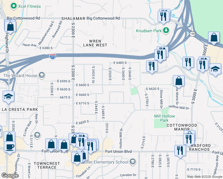 map of restaurants, bars, coffee shops, grocery stores, and more near 2537 East 6640 South in Cottonwood Heights