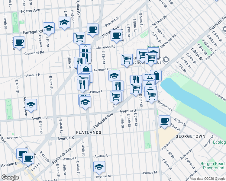 map of restaurants, bars, coffee shops, grocery stores, and more near Avenue I & East 54th Street in Brooklyn