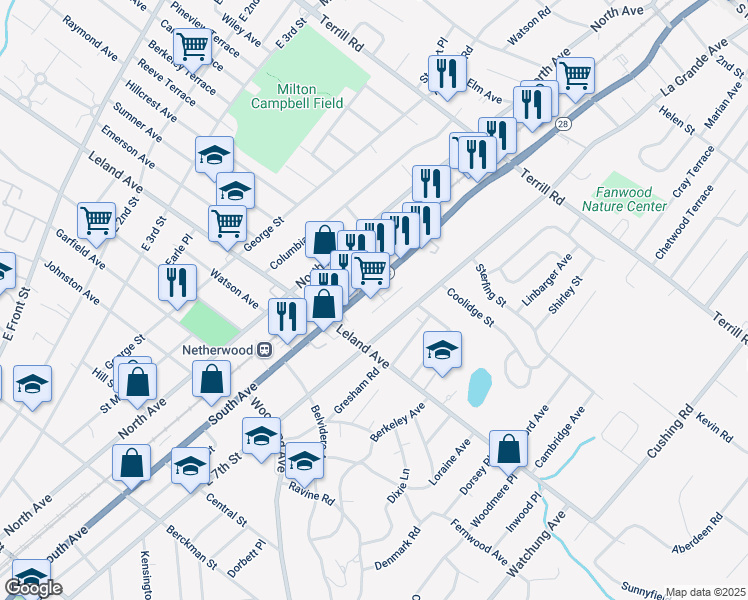 map of restaurants, bars, coffee shops, grocery stores, and more near 1228 Pacific Street in Plainfield