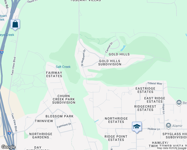map of restaurants, bars, coffee shops, grocery stores, and more near 6177 Turnberry Court in Redding