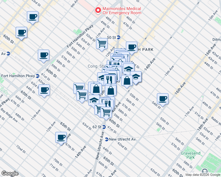 map of restaurants, bars, coffee shops, grocery stores, and more near 1301 57th Street in Brooklyn