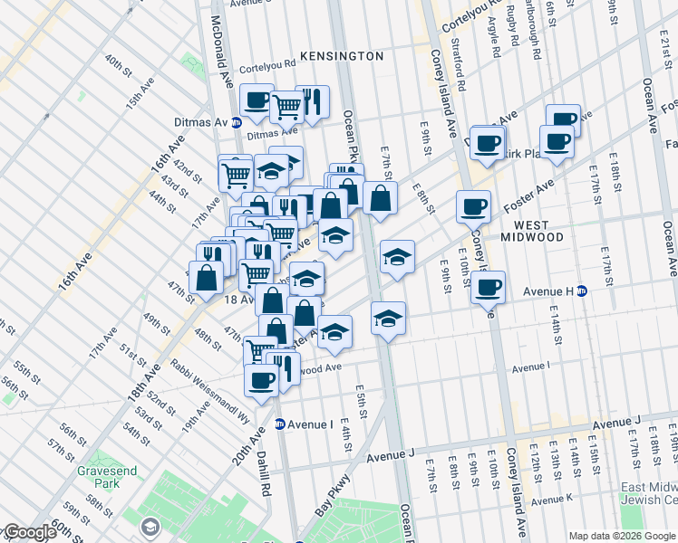 map of restaurants, bars, coffee shops, grocery stores, and more near 160 Lawrence Avenue in Brooklyn