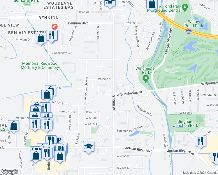 map of restaurants, bars, coffee shops, grocery stores, and more near 1327 West Wallsburg Drive in Taylorsville