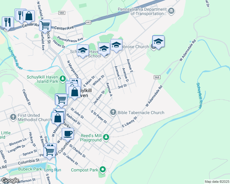 map of restaurants, bars, coffee shops, grocery stores, and more near 164 Avenue B in Schuylkill Haven