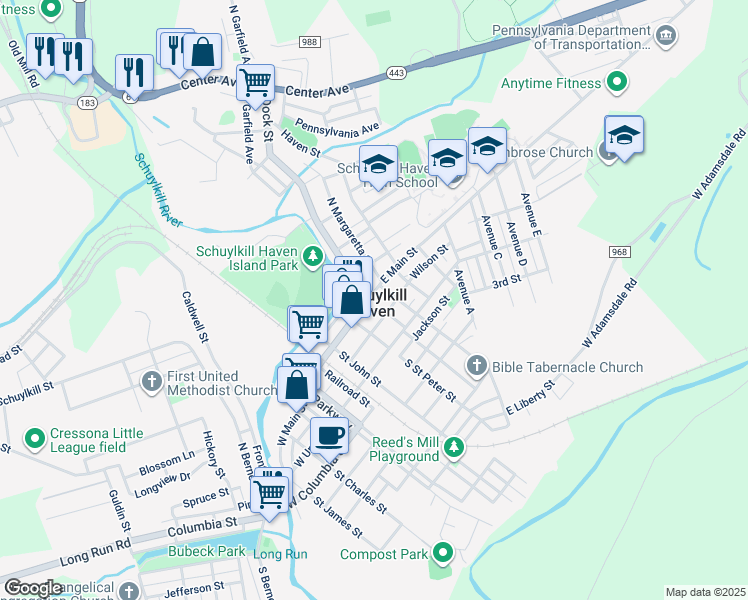 map of restaurants, bars, coffee shops, grocery stores, and more near 214 East Main Street in Schuylkill Haven