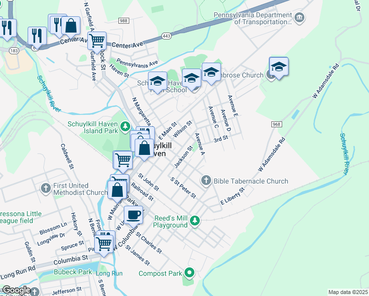 map of restaurants, bars, coffee shops, grocery stores, and more near 400 East Union Street in Schuylkill Haven