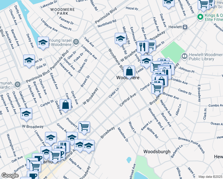 map of restaurants, bars, coffee shops, grocery stores, and more near 821 Woodmere Court in Woodmere