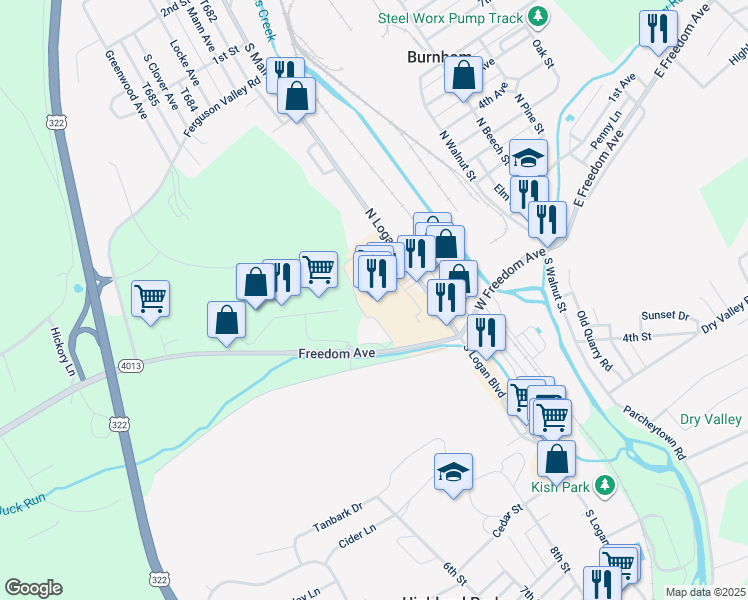 map of restaurants, bars, coffee shops, grocery stores, and more near 224 North Logan Boulevard in Burnham
