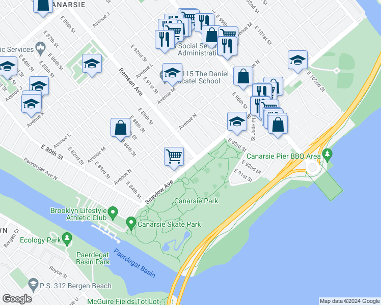 map of restaurants, bars, coffee shops, grocery stores, and more near 1690 Remsen Avenue in Brooklyn