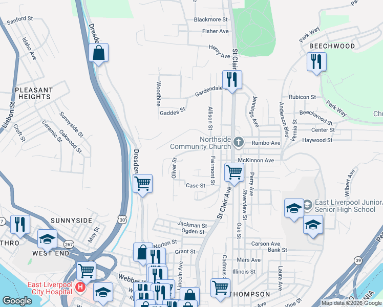 map of restaurants, bars, coffee shops, grocery stores, and more near 458 Orchard Grove Avenue in East Liverpool