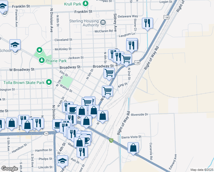 map of restaurants, bars, coffee shops, grocery stores, and more near 631 North 3rd Street in Sterling