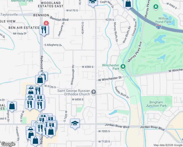 map of restaurants, bars, coffee shops, grocery stores, and more near 1329 West Wallsburg Drive in Taylorsville