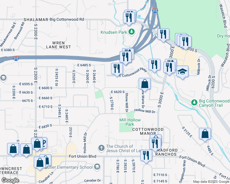 map of restaurants, bars, coffee shops, grocery stores, and more near 2792 East 6620 South in Cottonwood Heights