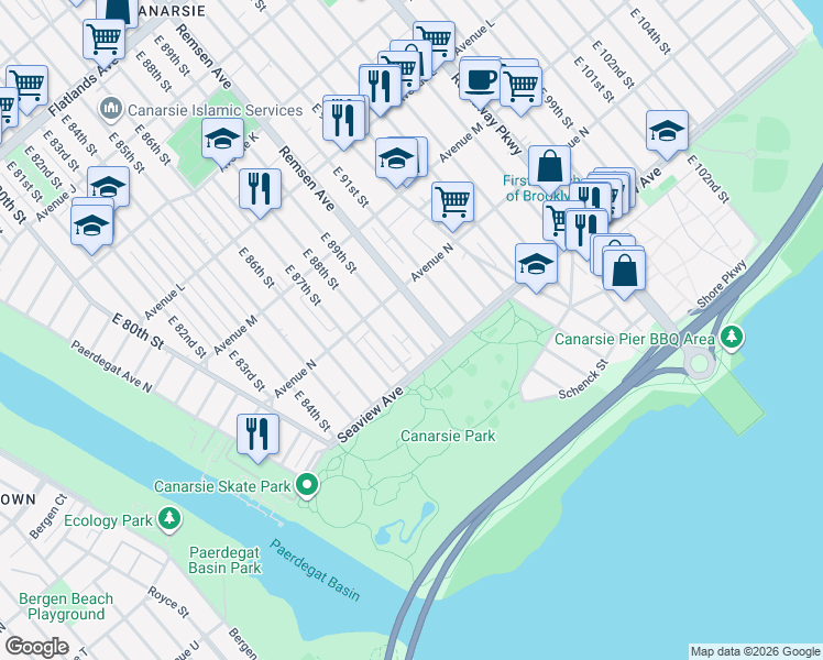 map of restaurants, bars, coffee shops, grocery stores, and more near 1465 East 89th Street in Brooklyn