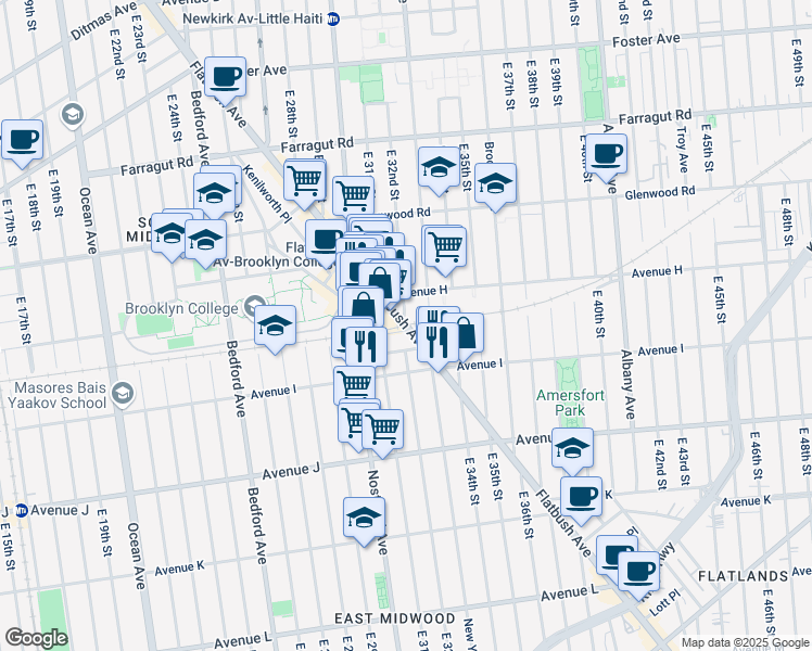 map of restaurants, bars, coffee shops, grocery stores, and more near 1640 Flatbush Avenue in Brooklyn