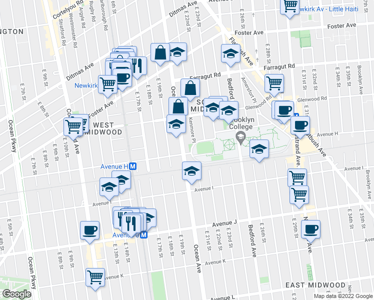 map of restaurants, bars, coffee shops, grocery stores, and more near 1924 H Avenue in Brooklyn