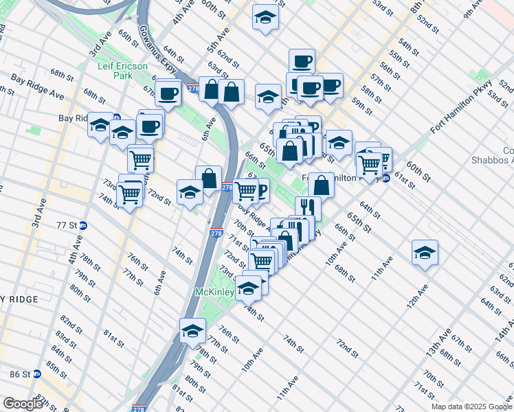 map of restaurants, bars, coffee shops, grocery stores, and more near 69068 8th Avenue in Brooklyn