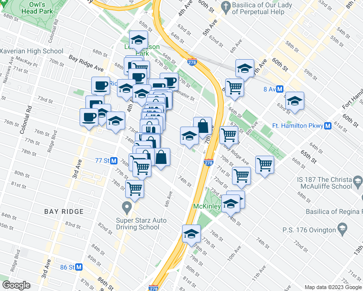 map of restaurants, bars, coffee shops, grocery stores, and more near 619 72nd Street in Brooklyn