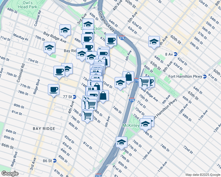 map of restaurants, bars, coffee shops, grocery stores, and more near 553 73rd Street in Brooklyn